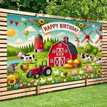1 Bauernhof Tiere Geburtstags Party Hintergrund Banner, aus Polyestermaterial gefertigt, geeignet für Innen-/Außenfotografie Hintergründe, ohne Strom, universelle Party Dekorations Requisiten