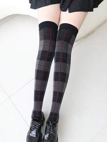 1 Đôi tất cao đến đầu gối/đùi họa tiết kẻ caro và sọc cổ điển, chất liệu vải mềm mại, thoáng khí, phù hợp với môi trường học đường, trang phục thường ngày và trang trọng, món đồ không thể thiếu cho những người đam mê thời trang - Xám - Xem 3