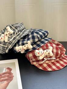 1 buc șapcă drăguță în carouri, pisică adorabilă din pluș și fundă, beretă în stil vintage, accesoriu de cap toamnă/iarnă, accesoriu de modă casual de zi cu zi și în aer liber pentru adolescenți și adulți