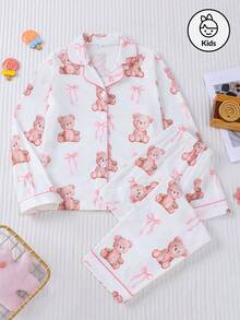 Set de 2 piezas Pijama infantil con estampado de oso de dibujos animados y lazo, camisa de cuello de cárdigan y pantalones de cintura elástica holgados, estampado adorable de oso rosa y lazo, adecuado para uso diario y ropa de estar en casa de niños y adolescentes