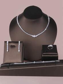 5 件奢华水钻几何项链、耳环、手链、戒指首饰套装，优雅时尚，适合婚礼、派对、日常通勤 - 銀色 - 查看 3