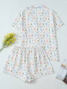 [Elegant Fields]Komplet piżamowy dla kobiet, uroczy top z nadrukiem króliczka, krótkim rękawem, kieszenią i kołnierzykiem oraz szorty z kokardką, bielizna nocna i odzież domowa - Biały - Zobacz 2