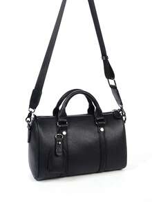 复古几何图案PU皮革经典圆筒单肩包，男女通用休闲斜挎包，街头风手提包，男士圣诞礼物佳选 - 黑色 - 查看 9