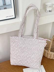 1 pièce Sac à main matelassé à motif floral, sac à bandoulière de voyage, sac fourre-tout à nœud et motif floral, sac de voyage à la mode, sac de courses, sac d'école, sac à déjeuner, grande capacité, sac de rangement pour aliments et fruits, boîte à déjeuner, pochette à bento, sac non isolant pour dîner, joli sac à déjeuner