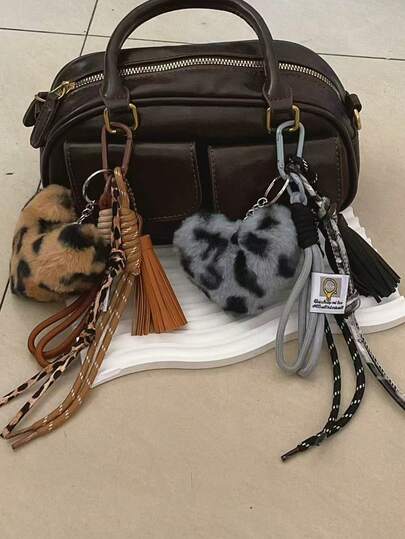 Leopard Print Fur Pom Pom Tassel Braided Rope Bag Charm, Bag Pendant Car Accessories For Woman