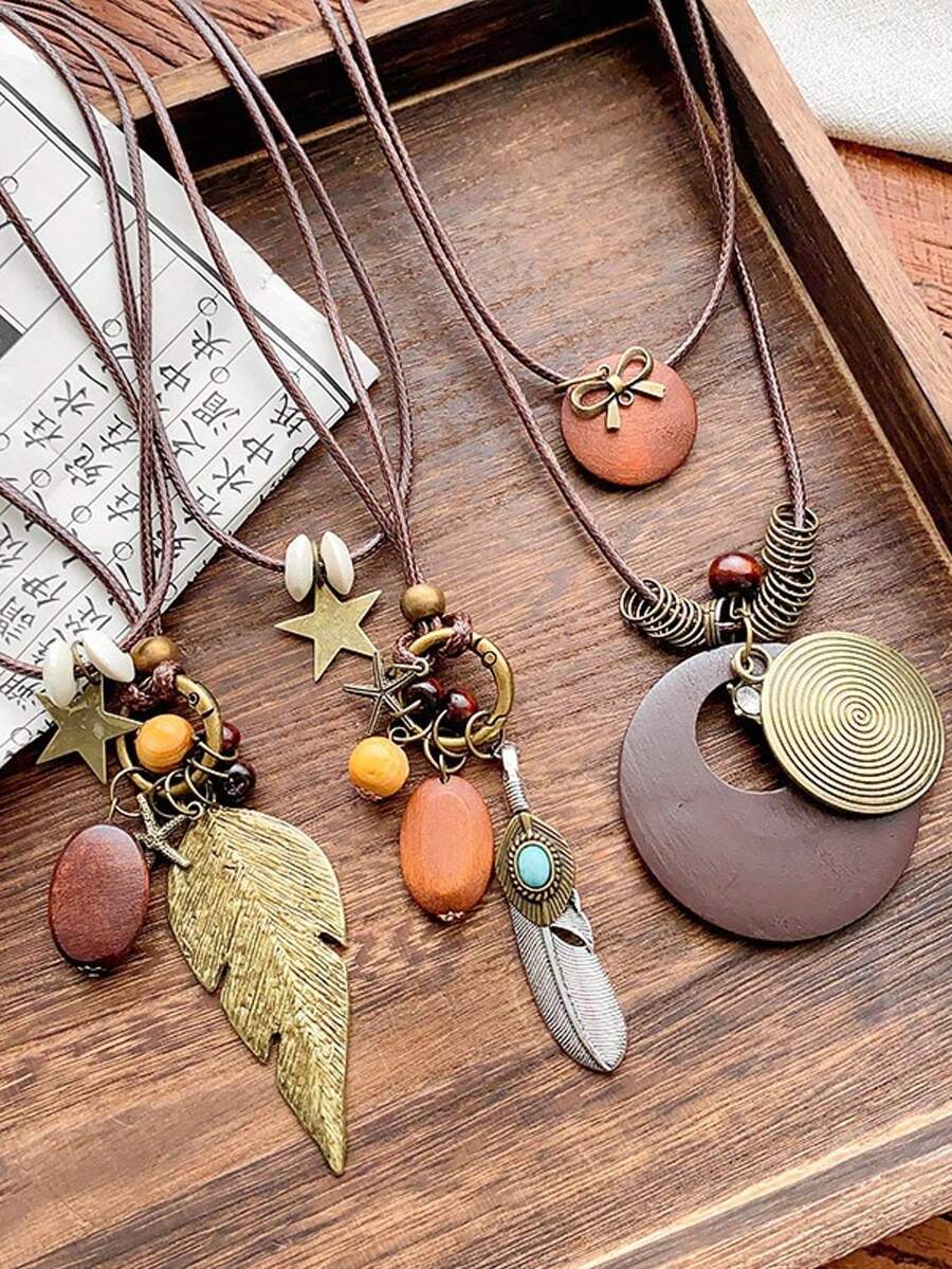 1 Piece Light Luxury Wind Multi-Layer Leaf Diamond Ball Feather Pendant Leather Rope Necklace Europe And The United States Retro Handmade Set Of Collarbone Chain Female, New Chinese Zen Long Paragraph Feather Necklace Female Wind Retro Hundred With Stacked Wear Sweater Chain, Charms,Trinkets,Charms,Christmas,