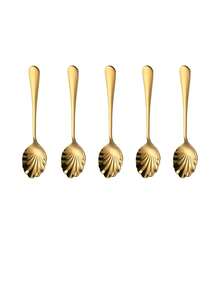 1/2/5/10pcs Gold/Silver Stainless Steel Shell Shaped Spoons, Coffee Spoons, Dessert Spoons, Sugar Spoons, Ice Cream And Cheese Spoons,School Supplies