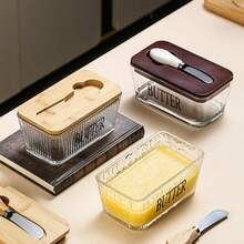 1pc Acacia Wood Lid Glass Butter Dish Set. Thick Glass Butter Container With Bamboo Lid For Home Kitchen, Large Butter/Cookie/Snack Storage, Suitable For Gifts, Christmas Present