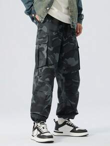 Men Plus Camouflage Cargo Pants, Straight Leg Multi-Pocket Drawstring Woven Trousers, Suitable For All Seasons, Fall - Army Green - View 8
