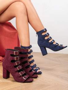 女士时尚绒面勃艮第高跟踝靴，新款春秋款式，百搭，后拉链，带扣，圆头高跟凉鞋，适合户外、休闲、派对，舒适 - 酒紅色 - 查看 8