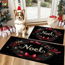 1 pièce Tapis de bain antidérapant avec motif de baies de houx et nœud de Noël, en matériau imitation cachemire, décoratif moelleux, convient pour la salle de bain, la porte, la cuisine et autres occasions, lavable en machine, décoration de Noël, peut être offert en cadeau