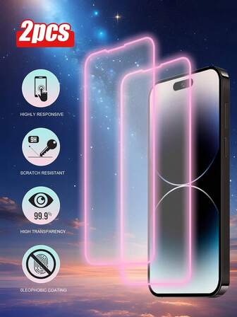 2pcs Glow-In-The-Dark Pink Framed Tempered Glass Screen Protector, Ultra-HD & Ultra-Clear Compatible With Apple 11/12/13/14/15 Pro Max/16 Plus/16 Pro/16 Pro Max/16e/17/17 Air/17 Pro/17 Pro Max