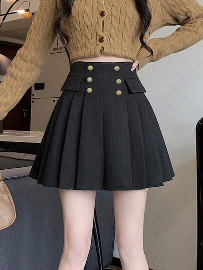 纽扣装饰羊毛百褶裙，高腰A字裙，秋冬学院风