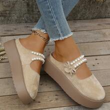 Perlenschlaufen-Schlupfschuhe mit Schleife, retromodische bequeme Flache Schuhe, modische vielseitige Dicksohlen-Flats, Neuer Stil für Herbst/Winter