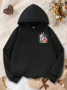 Teen Girl Milk Tea Donut Pattern Printed Warm Loose Oversized Hooded Sweatshirt - Comfortable Long-Sleeved Casual Pullover, Machine Washable, Daily Essential, Loose Style, Suitable For School, Vacation, Shopping, Sports And Other Occasions - Black - View 2