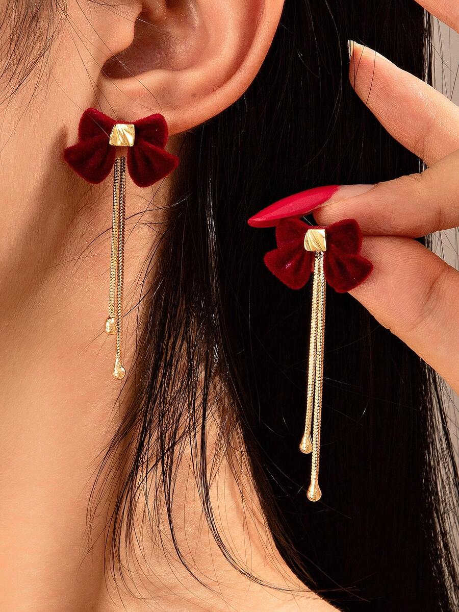 1 par de pendientes colgantes con lazo rojo elegante y suave con flecos para mujeres - Borla de lazo - Ver 1