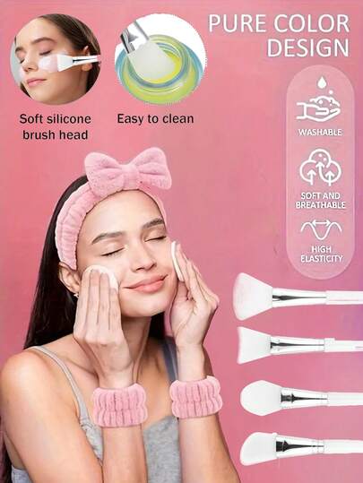 Bowknot Headband Women's Spa Hair Band Cosmetics, Coral Fleece Makeup Hair Bands Elastic, Cosmetic Headband Wide Brim Coral Fleece Washing Face Head Wrap For Shower Skin Care Sports , Silicone Face Masks Brush, Face Mud Applicator, Blending Brush, Skin Care Applicator, Make-Up Beauty Tool For DIY Eye Mask, Skin Care, Eye Masks, Cleaning Mask