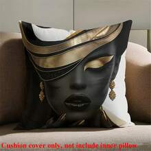 100% 涤纶装饰枕套，17.7X17.7 英寸，现代北欧风格枕套 - 醒目的金色妆容和睫毛设计，用于房间装饰的枕套，用于沙发的无拉链抱枕套，不含枕芯 - 黑色+金色 - 查看 4