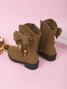 1 Paar Kinderstiefel, modische Stiefel bis zur Wade, seitlicher Reißverschluss mit Schleifen-Dekor Einfarbig Veloursleder, vielseitig für Mädchen Outdoor-Tragen im Herbst/Winter