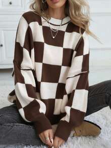 Women's Casual Loose Fit Drop Shoulder Colorblock Turtleneck Sweater - Coffee Brown - View 2