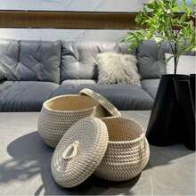 سلة تخزين دائرية مُنسوجة بطراز بوهيمي مع غطاء، سلة ديكور منزلي مناسبة لغرفة المعيشة والنوم والمكتب والطاولة الجانبية، لتخزين وحفظ أجهزة التحكم عن بعد والمستحضرات التجميلية والمفاتيح والقرطاسية والعديد من الأغراض الصغيرة - متعدد الألوان - مشاهدة 8