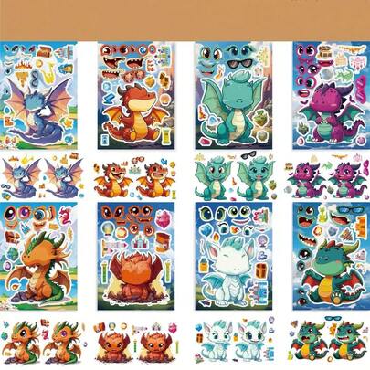 Stickers de puzzle interactif de visage de bande dessinée de dinosaure et de dragon DIY