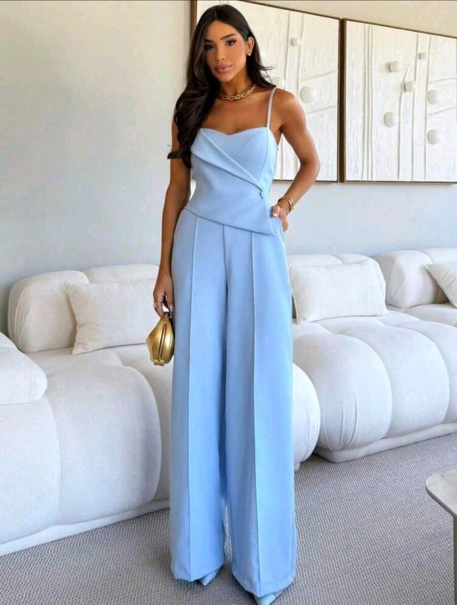 Women's Long Strap Jumpsuit With Button - Baby Blue - View 1