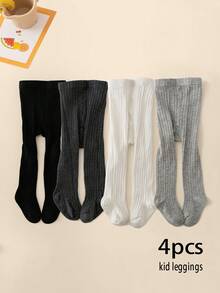 4 Pairs Kids' Simple Versatile Ribbed Neutral Color Tights, Suitable For Girls' Daily Wear - Multicolor - View 7