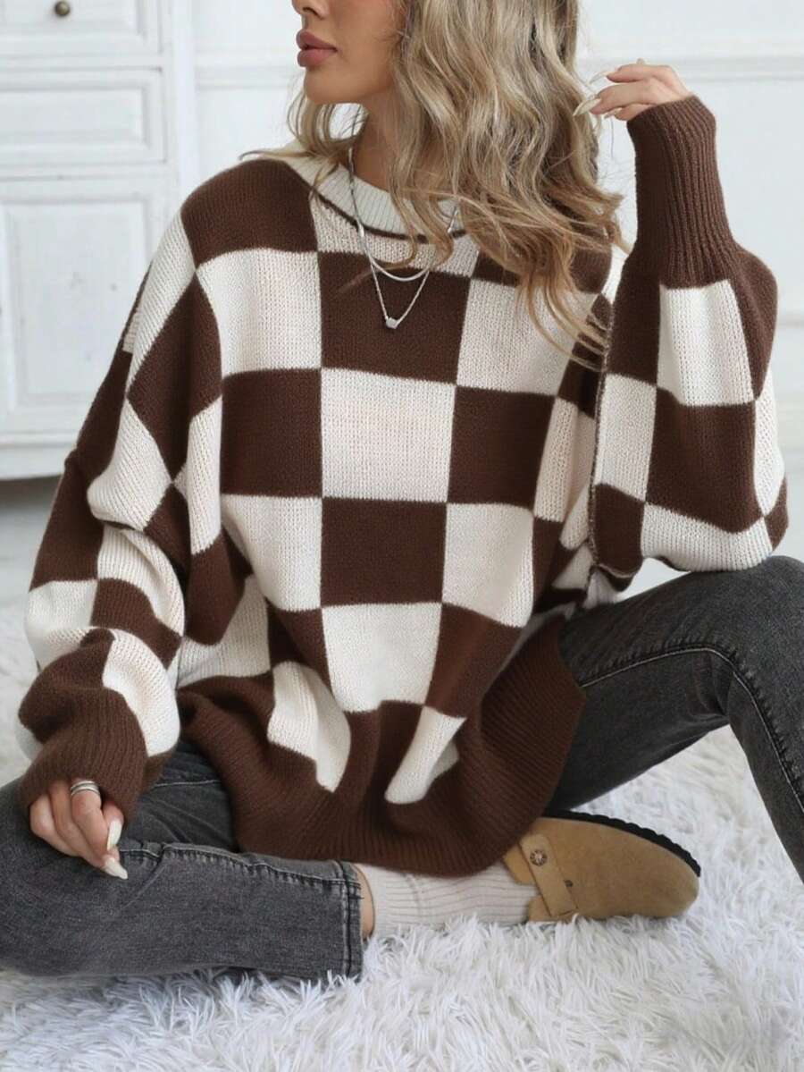 Women's Casual Loose Fit Drop Shoulder Colorblock Turtleneck Sweater - Coffee Brown - View 1