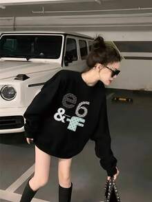 Fall/Winter 350g Y2K Women's Printed Relaxed Wide Fit Streetwear Round Neck Long Sleeve Hoodie - Black - View 2