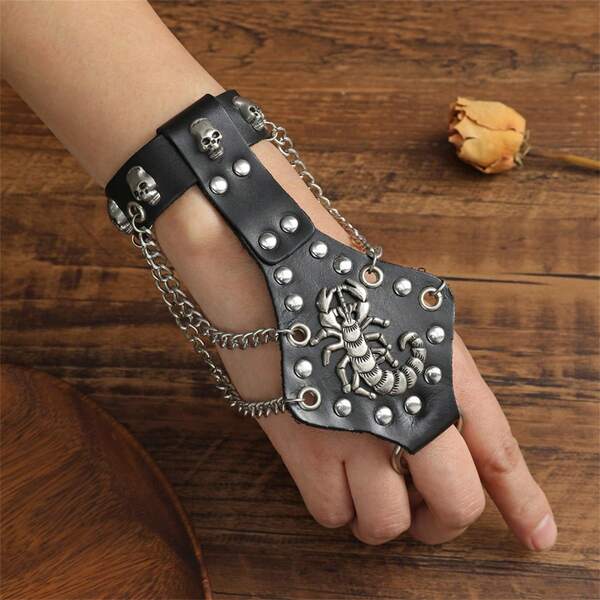 1pc PU Leather Bracelet & Finger Chain, Unisex Costume Accessory/Prop, Christmas Gift
