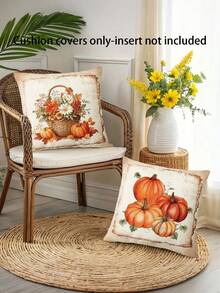 4pcs/1pc Autumn Thanksgiving Themed Pillow Set - Pumpkin And Flower Basket Pattern | 18x18 Inches | Zipper Closure | Soft And Comfortable Fabric - Durable, Fade Resistant, Machine Washable, Suitable For Thanksgiving Outdoor Decoration, Home Decoration, Terrace Decoration, Bedroom Decoration. Excluding Core Pillow Case Pillow Cases Cushion Cover Cushion Covers