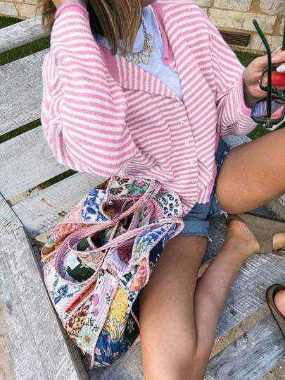 Vivid Style Autumn/Winter New Women's Fashion Street Style Loose Striped Knit Cardigan, Suitable For Street, Airport, Christmas, New Year Pink