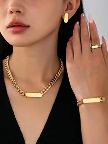 女士光滑链条项链、手链、耳环、戒指首饰套装 - 長方形 - 查看 8