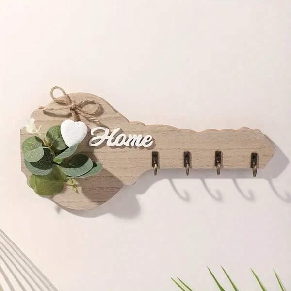 Sanrio 1pc Wooden "Home" Key Rack For Wall Decoration, Featuring Heart-Shaped Embellishments And 4 Hooks - Fashionable And Modern Party Home Decor, Suitable For Kitchen, Living Room, Bedroom, And Cute Room Decoration
