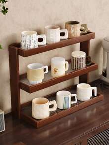 Three-Tier Bamboo Coffee Bar Storage Rack-Easy Assembly, Ideal For Kitchen, Dining Room, Cosmetics, And Lipstick Organization. Holds Mugs And Water Glasses. Features Natural Bamboo Grain. Space-Saving Home Decor And Countertop Organizer. Bamboo Kitchenware. - Walnut - View 1