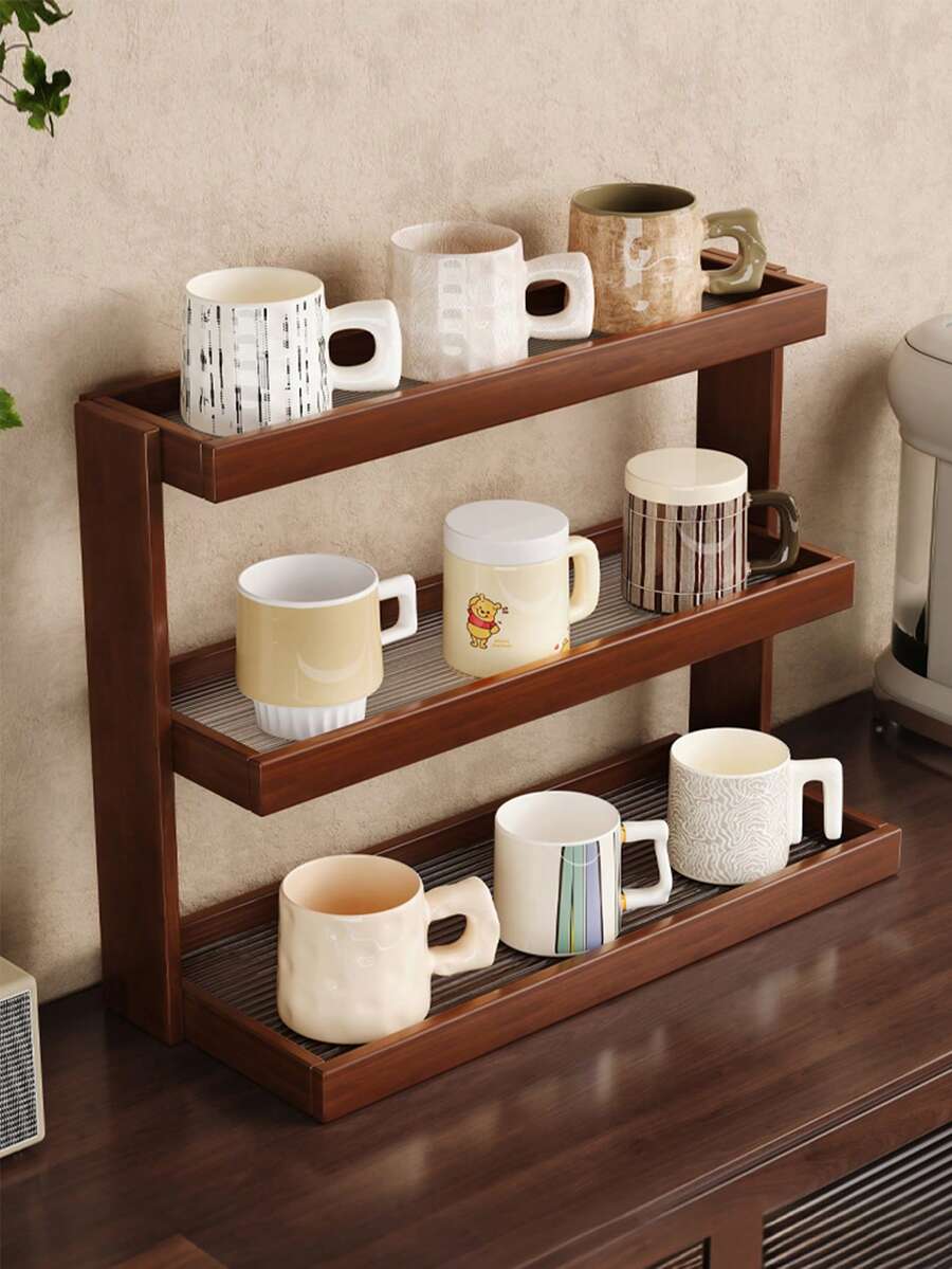 Three-Tier Bamboo Coffee Bar Storage Rack-Easy Assembly, Ideal For Kitchen, Dining Room, Cosmetics, And Lipstick Organization. Holds Mugs And Water Glasses. Features Natural Bamboo Grain. Space-Saving Home Decor And Countertop Organizer. Bamboo Kitchenware. - Walnut - View 1