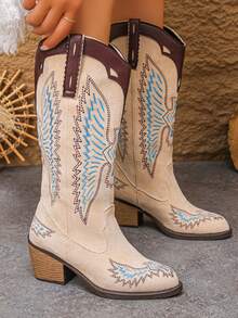 Botas Ocidentais Femininas de Salto Bloco de Bico Fino com Bordado da Moda, Design Versátil e Confortável Adequado para Festivais de Música, Viagens ao Ar Livre, Ciclismo, Férias