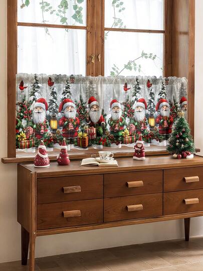 1 pieza Cortina decorativa de ventana de cocina con atmósfera navideña de muñeco de nieve, reno y árbol de Navidad, cortina translúcida pero no transparente, adecuada para sala de estar, dormitorio, entrada, cocina, reducción de ruido, decoración navideña