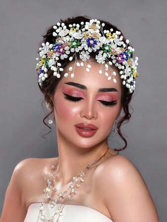 1 件优雅女士撞色珍珠和水钻手工复古发饰，人造珍珠装饰，艺术新娘头饰，婚礼发饰，波西米亚风格摄影道具冬季围巾头带女士保暖发带女式头巾
