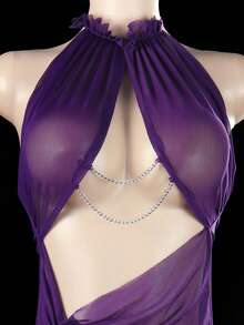 Women's Sexy Temptation Sleepwear Lingerie Set - Through Dress &  Lace Thigh High Stockings - With Slit And Dance Skirt Design - 紫色 - 查看 3