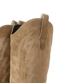 Fall/Winter New Fashion Versatile Faux Suede Pointed Toe Thick Heel Tall Boots, Embroidered Western Cowboy Boots, Suitable For Vacation, Western Style, Music Festival, Halloween, Christmas - Light Brown - View 11