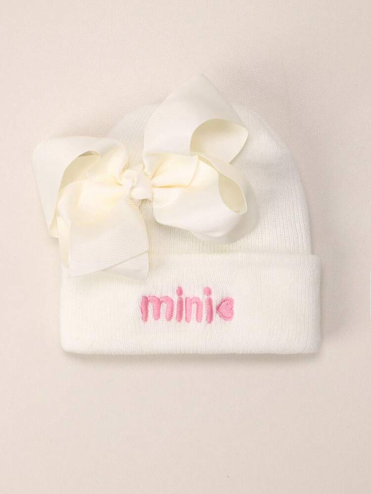 1 pieza Gorro de bebé con bordado de lazo, gorro, gorro de punto cálido y acogedor para niños, accesorio para exteriores, gorro de invierno para niña estilo Y2K de punto cálido y lindo para bebés y niños, gorro de bebé recién nacido negro - 1PC - Añade 4