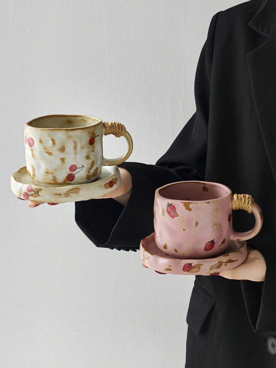 1set Vintage Crackle Glaze Ceramic Coffee Cup & Saucer Set, Cherry & Strawberry Mugs, Breakfast Milk Cup, Bread Plate, Home Afternoon Tea Coffee Cup, Latte Art Cup, Juice Beverage Cup, Couple Water Cup, Holiday Gift For Family & Friends