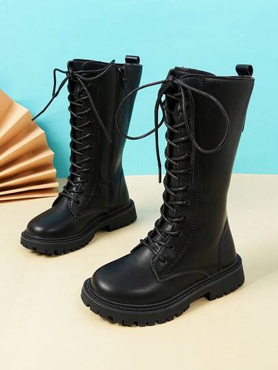 Girls' Autumn/Winter Boots, New Kids High-Top Boots, British Style Mid-Calf Boots, Side Zipper, Princess Leather Boots, Student Shoes, Little Girls Long Boots