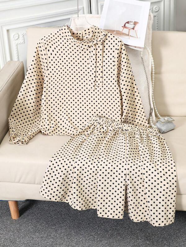 2pcs/Set Teen Girls Polka Dot Bow Long Sleeve Top + Polka Dot Pleated A-Line Skirt, & Elegant Bridesmaid/Holiday Outfit