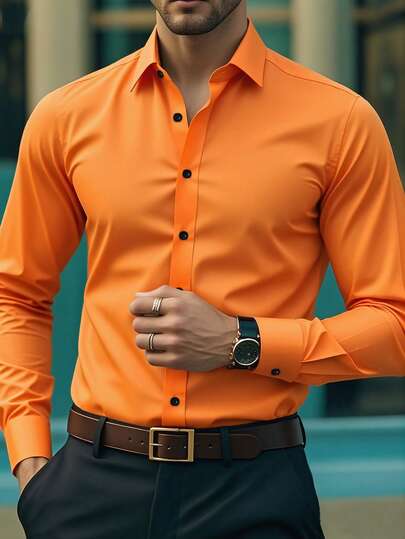 Men Solid Color Button Design Business Formal Long Sleeve Shirt, Fall