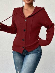 大码女式纯色纽扣抽绳开衫，长袖轻薄单排扣休闲商务毛衣 - 深紅色 - 查看 7
