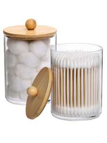 4 件套 Qtip 分配器支架 - 10 盎司储物盒，带竹盖，浴室配件套装，适用于清洁球、圆形垫、卫生护垫、牙线家居浴室装饰浴室收纳盒秋季装饰化妆品收纳盒返校