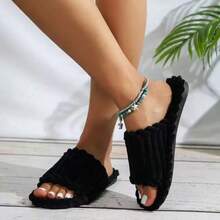 Cotton Slippers Corduroy Single-Toe Corduroy TPR Open-Toe Men And Women Couples Home And Out Four Seasons Sandals - màu đen - Xem 7